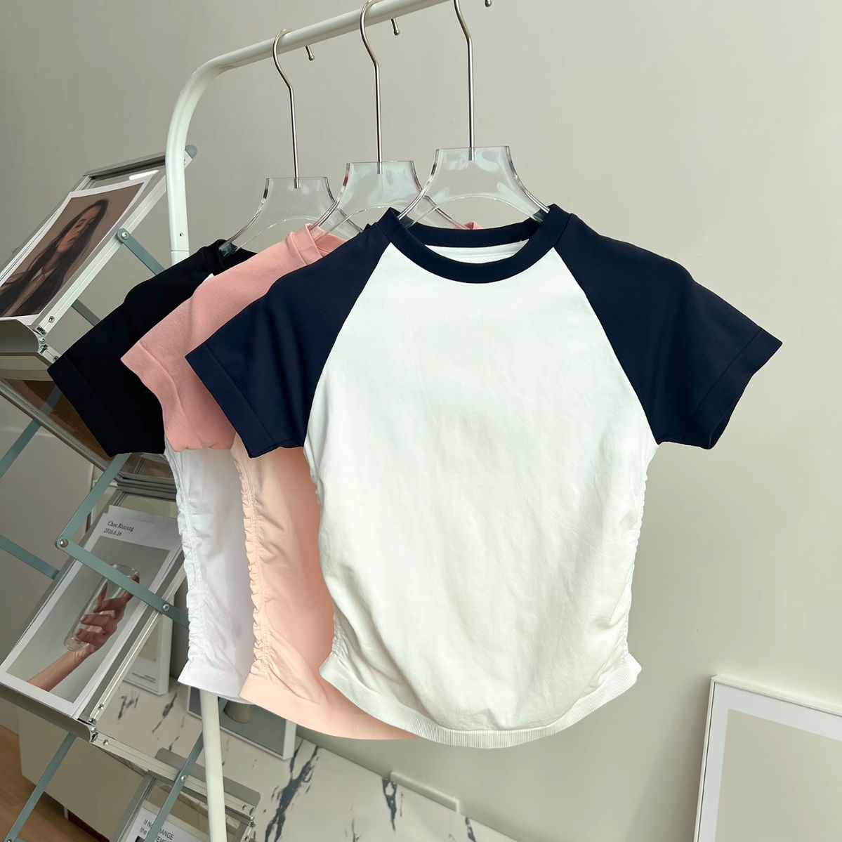 Color-Blocked Yoga Wear Pleated Sports Short-Sleeved Summer Thin Running Fitness Tops Women's Elastic Tight Casual T-Shirts