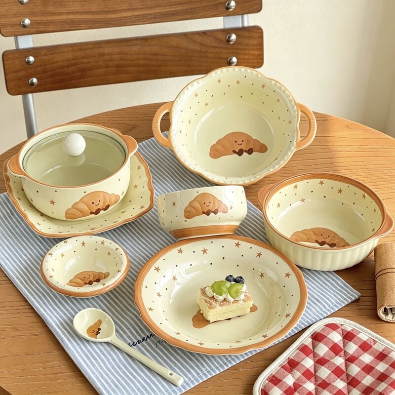 Cute bread ceramic underglaze rice bowl, round plate, deep plate, large soup bowl, cup set, girlish and practical for home use