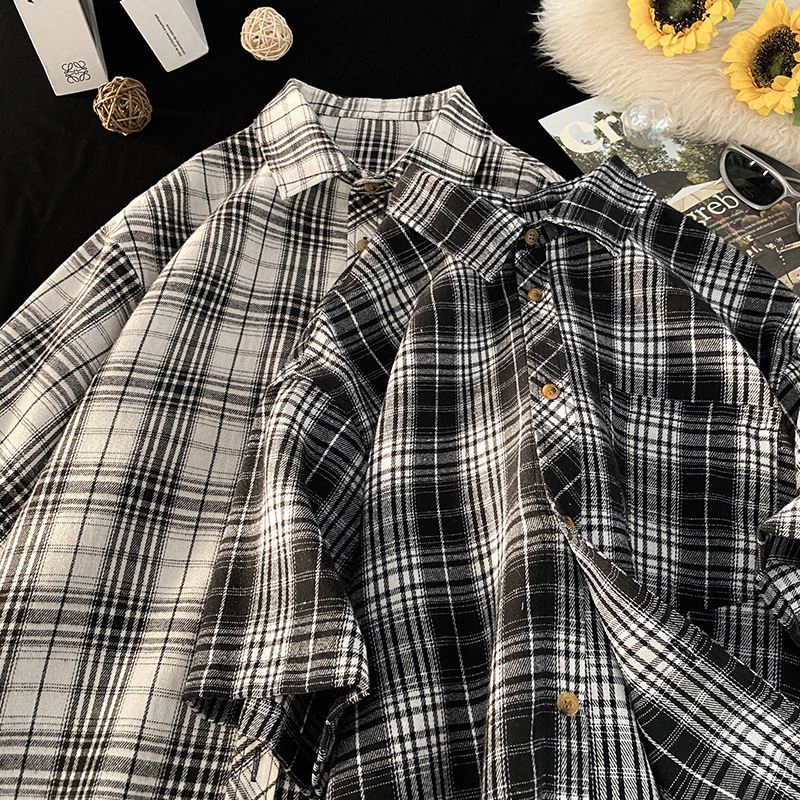 Cross-border foreign trade AliExpress men's Korean fashion retro plaid plus size lapel short sleeve shirt men's shirt