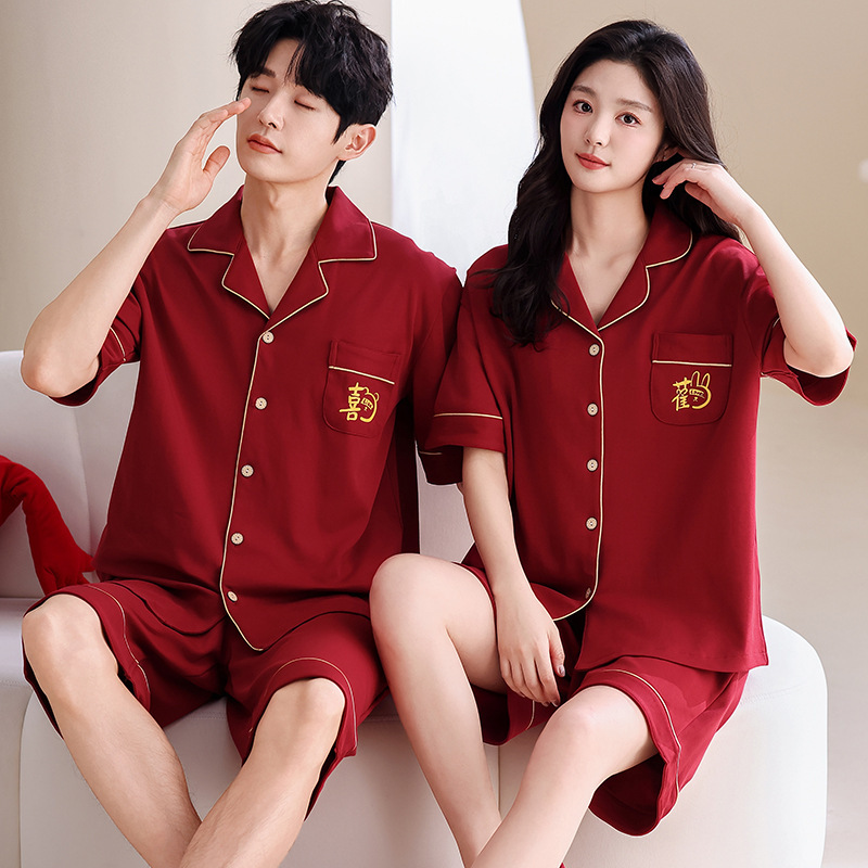 [Antibacterial Cotton] Red Couple Wedding Pajamas Pure Cotton Cardigan Summer Men's and Women's Short Sleeve Shorts Home Clothes Set