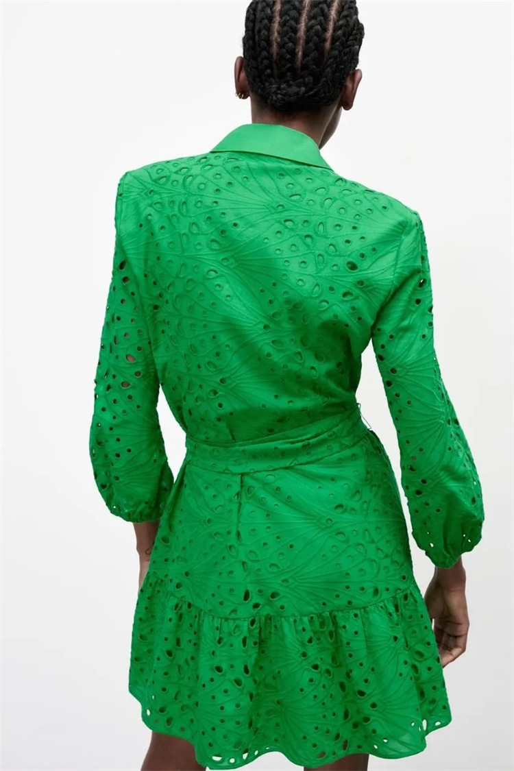 breasted solid color lapel lace-up long sleeve hollow embroidery dress NSFH130565