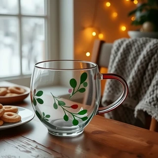 定制款手绘圣诞叶子款式咖啡玻璃杯双层雪花水杯