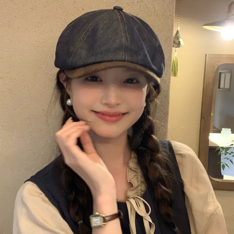 秋冬季新款牛仔短帽檐贝雷帽女日系文艺百搭前进帽显脸小休闲帽子|undefined