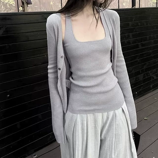 针织开衫外套女秋季长袖薄款挂脖背心紫色设计感两件套装潮