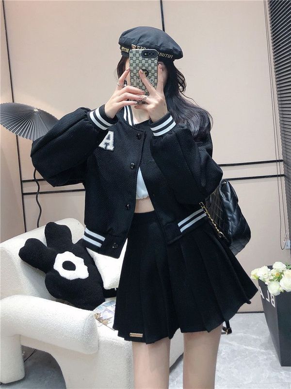 套装女宽松高级感学院风棒球服休闲运动bf风外套百褶裙两件套复古|undefined