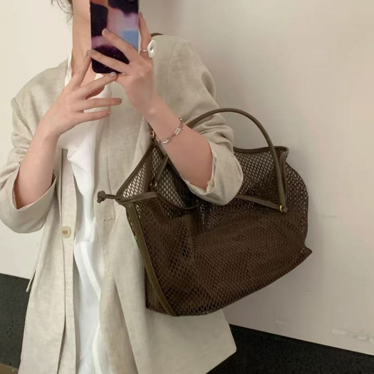 Woven Mesh Tote Bag For Women, Large Capacity Spring/Summer New Casual Vacation Lazy Style Shoulder Bag For Commuting - Thumbnail 2