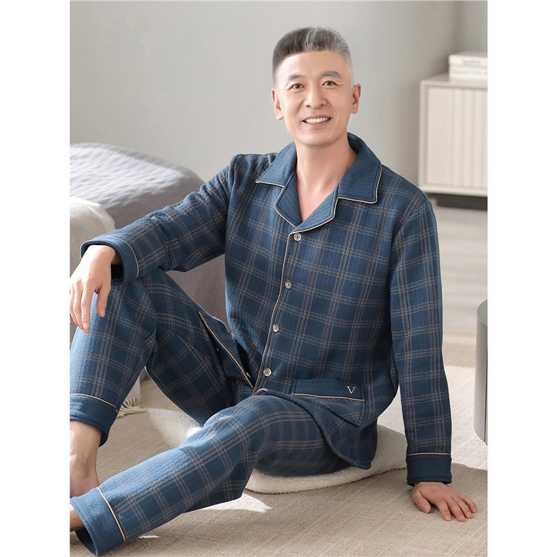 Kişi pijama dəsti, damalı, düyməli, yumşaq pambıq, ev geyimi