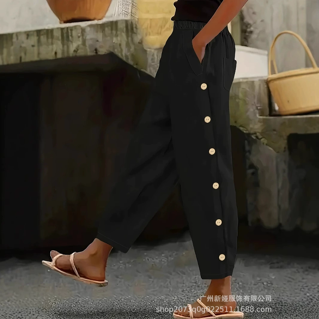 Европейские и американские трансграничные повседневные дикие хлопчатобумажные льняные карманы эластичный пояс свободные брюки большого размера