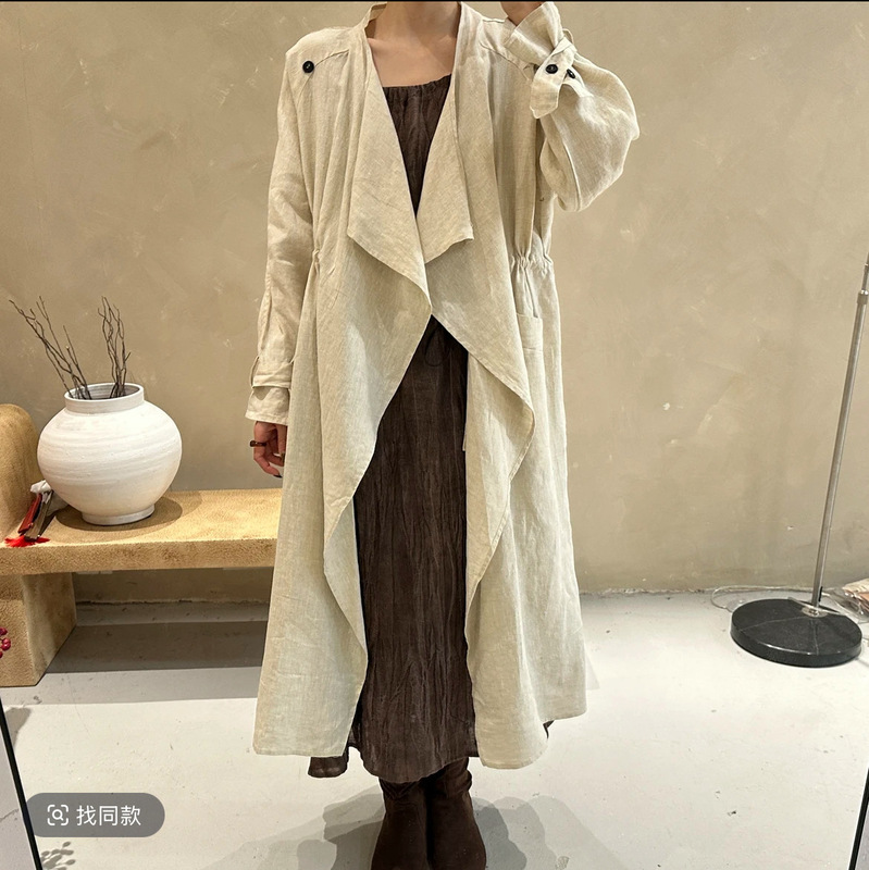 New Chinoiserie Over-The-Knee Windbreaker Women's Mid-Length 2025 Spring New Drawstring Linen Jacket with Loose Elegant
