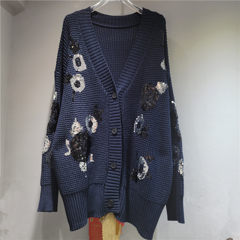 Diseño único de lentejas, cuerpo hermoso y pesado, diseño de flores, chaqueta de punto, cardigan para mujeres.