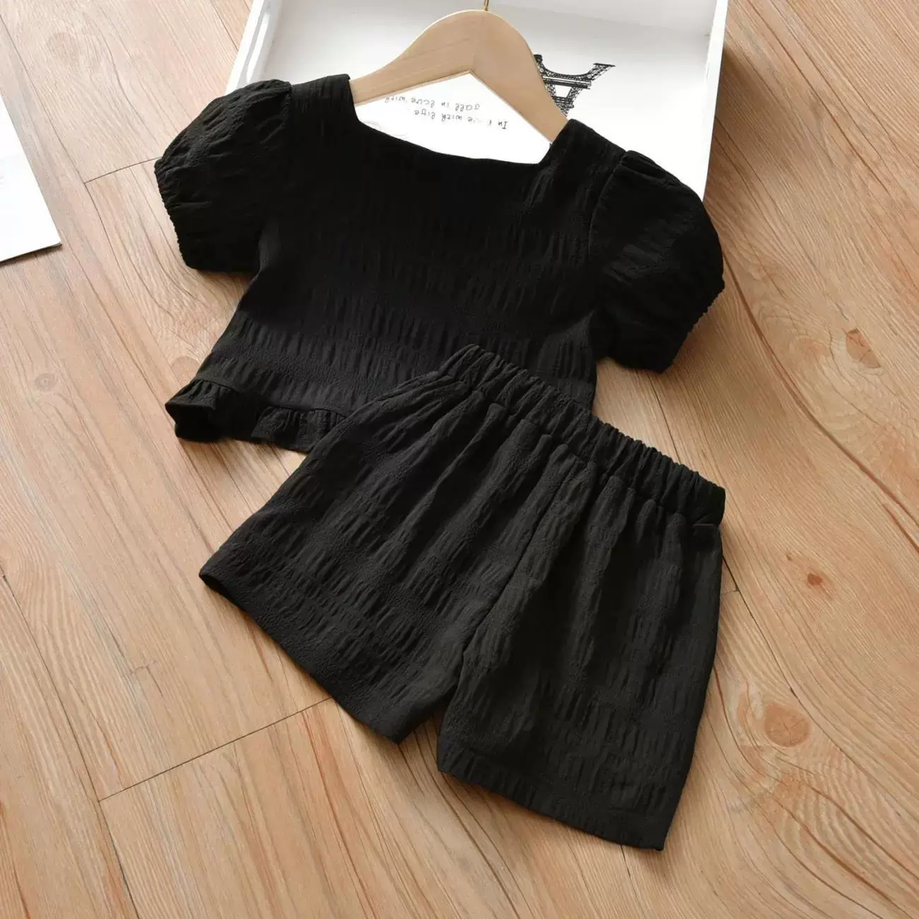 Комплект, шорты, летние брюки для девочек, стиль Chanel, с коротким рукавом, квадратный вырез