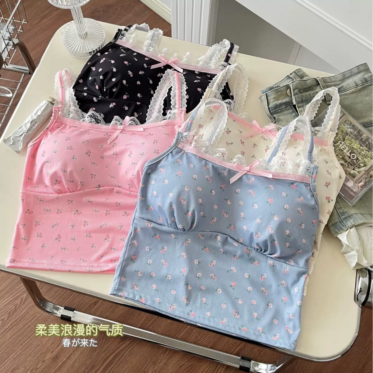夏季辣妹蕾丝印花蝴蝶结小背心女裹胸内衣打底内搭少女修身抹胸女