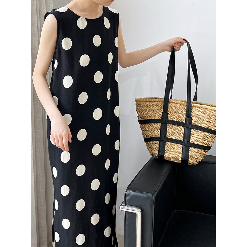 Lu Xi Linen Material~Designed Backless Drawstring Polka Dot Dress Korean Style Sleeveless Vest Skirt 8760