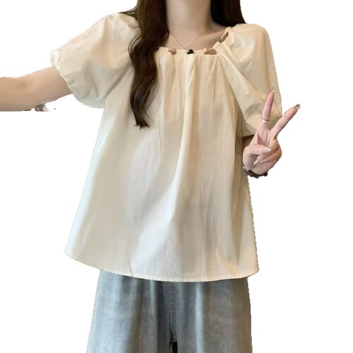 Design Sense Beaded Blue Bubble Sleeve Splicing Short Sleeve Shirt Women 2025 Summer New Arrival Korean Version Elegant & Slimming Top