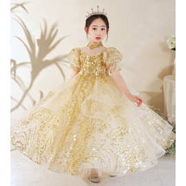 跨境儿童礼服公主裙洋气女童2026新款主持人金色走秀钢琴演出服冬