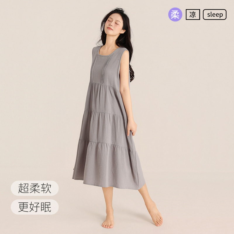 Spring and Summer Double-Layer Breathable Cotton Gauze Women's Pajamas Round Neck Sleeveless Dress Loose Casual Long Home Pajamas