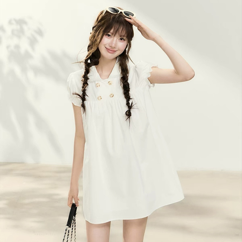 POPWEST |   Double-breasted puff sleeve fitted lace long dress with doll collar