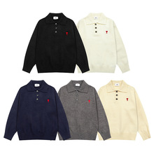 2025新款日系A爱心POLO领毛衣男女情侣款宽松时尚百搭翻领针织衫