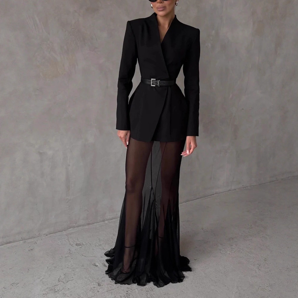 Women's Clothing Solid Color Mesh Sheer Base Skirt With Long Sleeved Lapel Blazer Independent Store Fashion_voghion.com