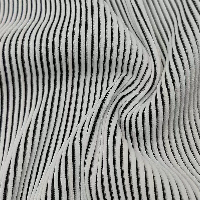 2024冰感蚕丝条针织面料双色坑条间条经编涤氨四面弹柔顺服装泳装