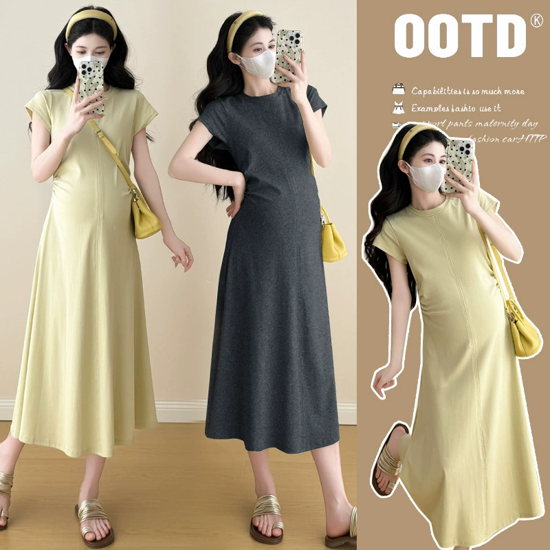 Реальный спот 2025 летняя новая корейская мода свободный темперамент французское длинное трикотажное платье для беременных
