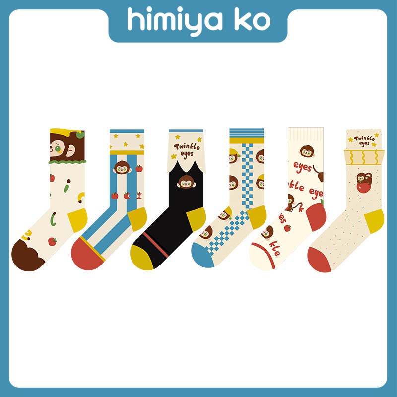 Summer Cute Cartoon Shaped Roof Socks Women's Fashion Illustration Monkey Sparkling Trendy Letters Couple's Cotton Socks