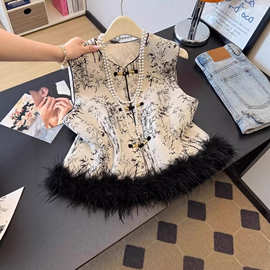 国风款马甲夹棉复古盘扣坎肩冬季新中式毛毛拼接马夹背心女外搭潮