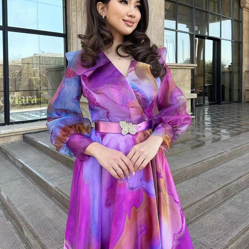 2025 primavera y verano nuevo estilo de comercio exterior europeo y americano estampado vestido de malla de gran swing viaje vestido de mujer de talla grande europeo y americano