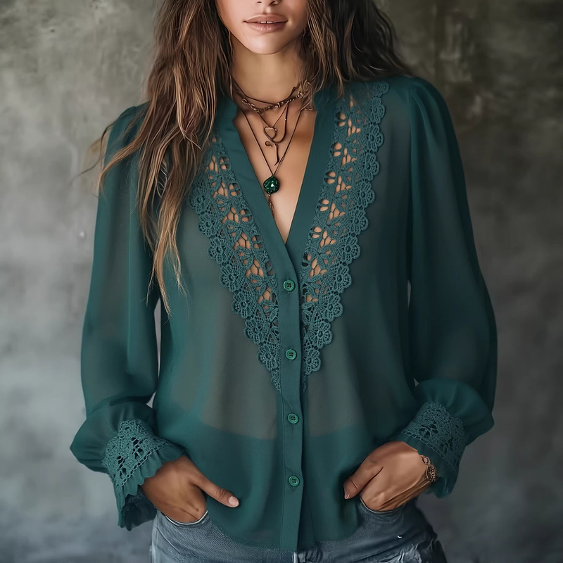 New Women's Fashion Elegant Luxury Chiffon Lace Patchwork Tie-Neck V-Neck Top New Women's Fashion Elegant Luxury Chiffon Lace Patchwork Tie-Neck V-Neck Top