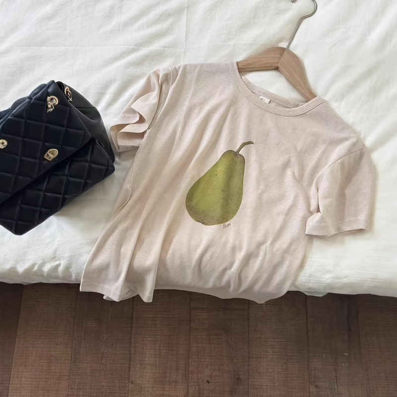 In Stock! Korean Design 25 New Retro Hand-Painted Printed Pear Short-Sleeved Casual Loose T-Shirt Tops In Stock! Korean Design 25 New Retro Hand-Painted Printed Pear Short-Sleeved Casual Loose T-Shirt Tops