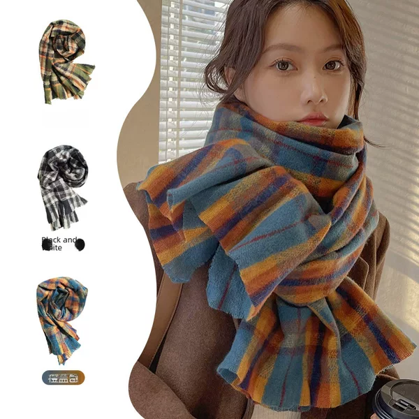 Rainbow Plaid Scarf for Women 2026 Autumn and Winter New Woven Shawl Versatile Thickened Warm Fringed Neck Scarf Wholesale