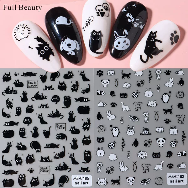 FULL BEAUTY New Cartoon Black Cat White Dog Nail Art Stickers Cute Kitten Black Cartoon Nail Stickers