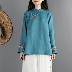 ***デザイン中国風ボタンレトロ綿とリネントップ女性のための春と秋の長袖中国風禅茶服綿とリネンシャツ