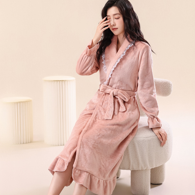 Fairy Style Bathrobe Women's Flannel Autumn and Winter Thickeneded Long Nightgown Sweet Pajamas Large Size Dressing Gown Warm Home Clothes