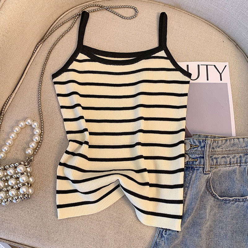 Explosions Women's Elegant French Style Ice Silk Vest Summer Striped Sling Base Shirt Top Black All-match