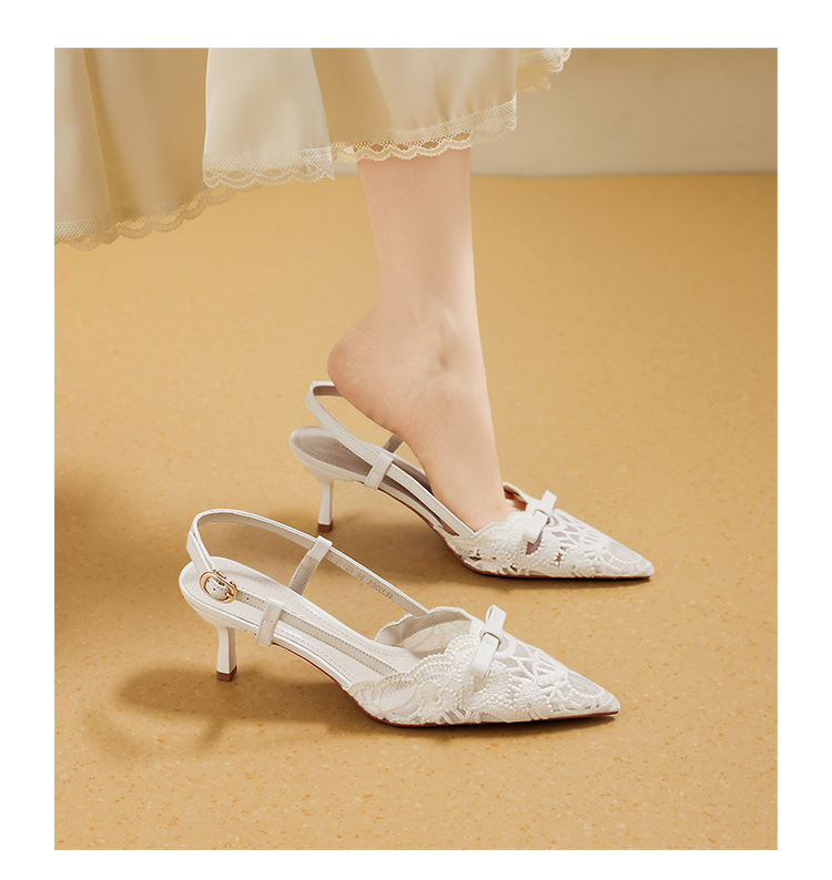 Giày sandal cao gót nữ mũi nhọn hở mũi ren lưới thoáng khí phong cách Pháp — IE109 Màu be chi tiết 19