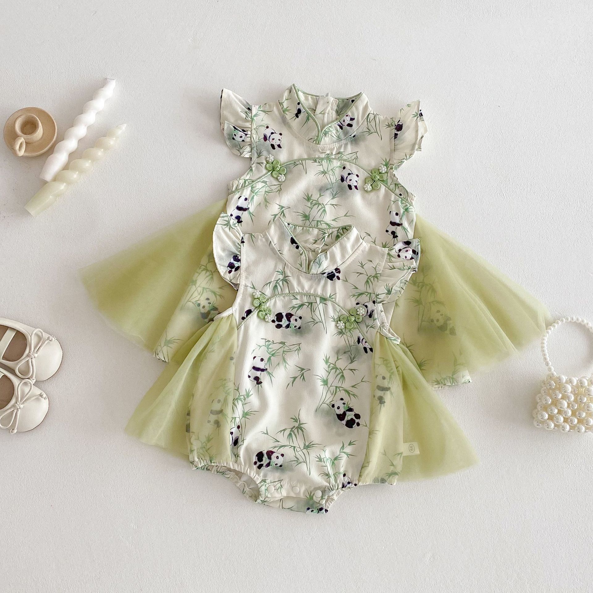 Pandillas de panda para bebés 0-5 años de edad, bebé de verano, mampara de estilo chino, vestido de moda para niñas de estilo occidental