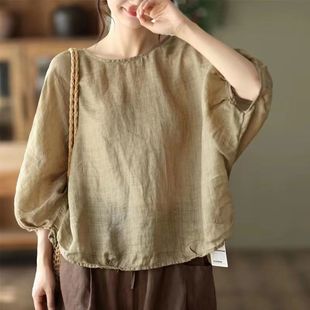 European-style bat sleeves, three-quarter sleeves, cotton and linen tops in spring and summer new versatile loose belly-covering large size women's trend