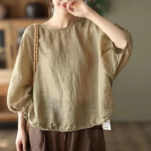European-style temperament batwing sleeve seven-inch sleeve cotton linen top new spring and summer versatile loose hide belly large size women fashion