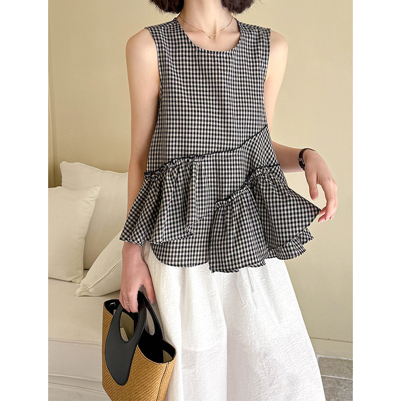 Tangerine Zhi New Spring Black and White Plaid Sleeveless Vest Shirt Women's Design Irregular Ruffle Top 5897
