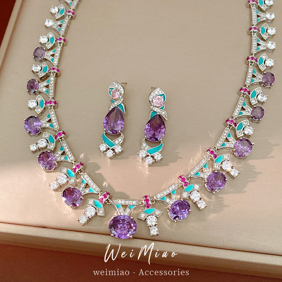 Collar de zircón de goteo de aceite ovalado, lujo ligero, lujo ligero, lujo alto, cadena de clavícula, corte, conjunto de joyería al por mayor