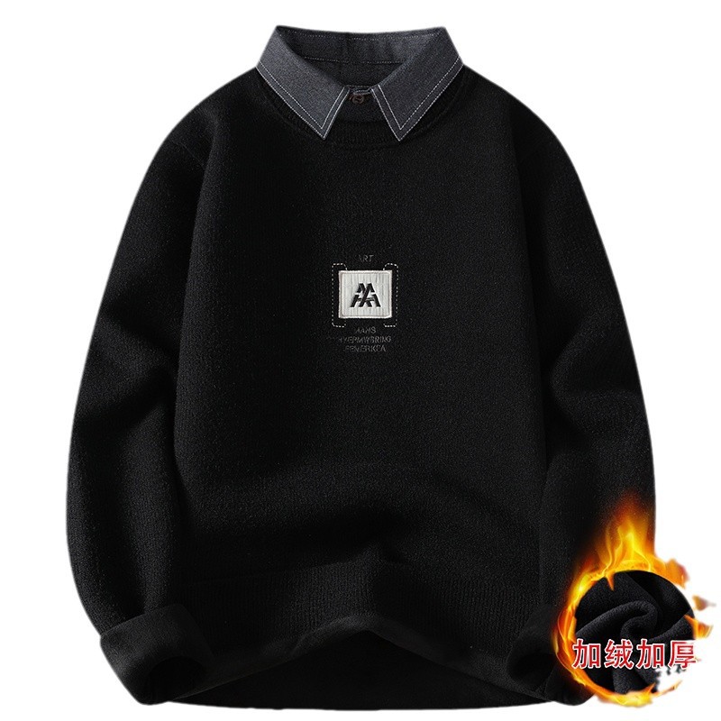 청소년 고급 가짜 투피스 스웨터 겨울 원피스 플리스 셔츠 칼라 바텀 셔츠 남성 심플 니트 스웨터