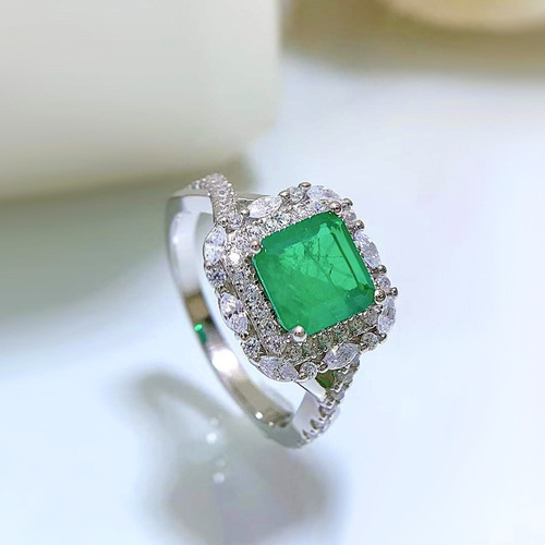 Mujing Jewelry  new ring ins simulation 7*7 emerald diamond ring foreign trade hot selling S925 silver ring