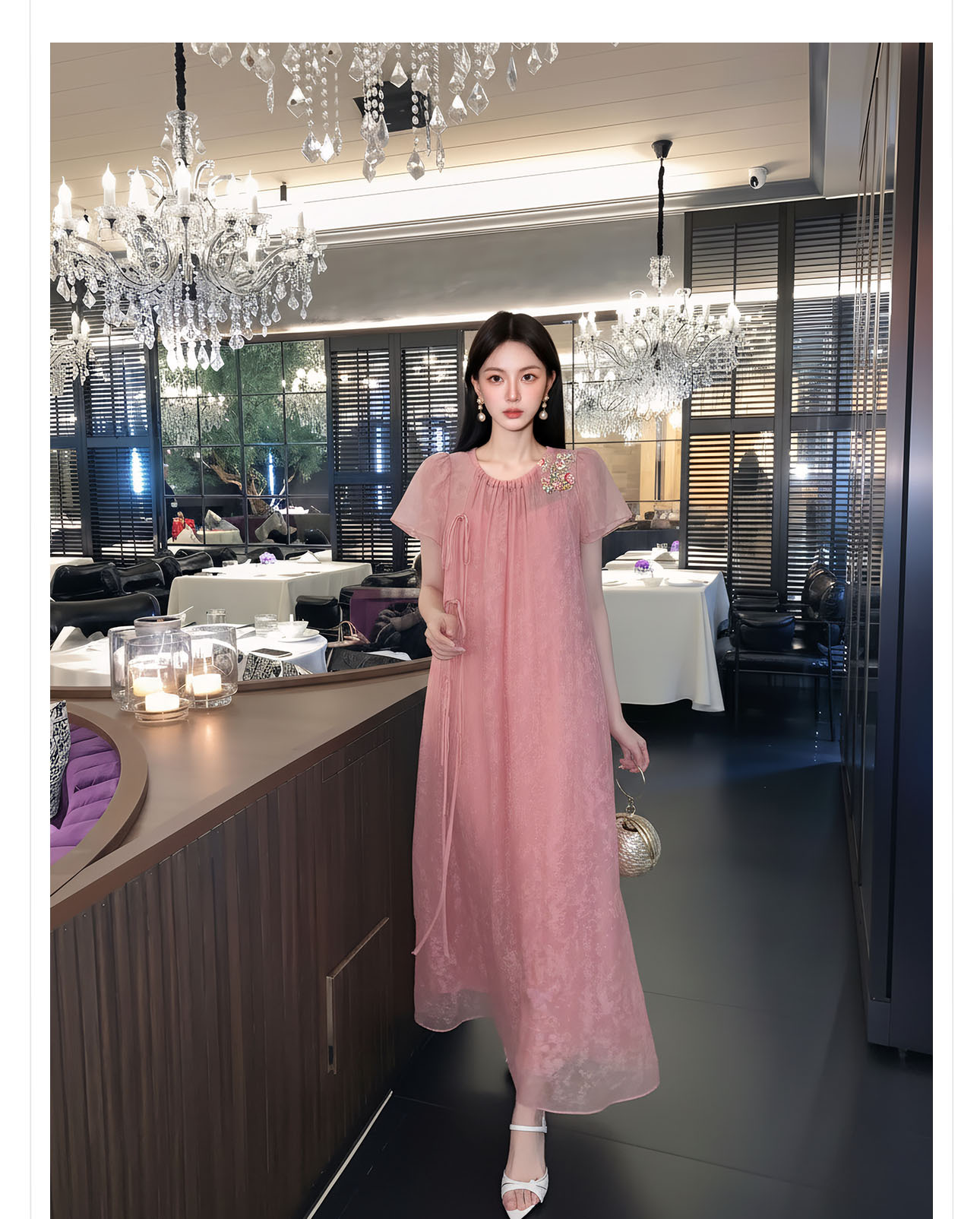 Đầm maxi nữ thắt eo phong cách Tân Trung Hoa tay ngắn — Hồng【Phiên bản tay ngắn】 chi tiết 7