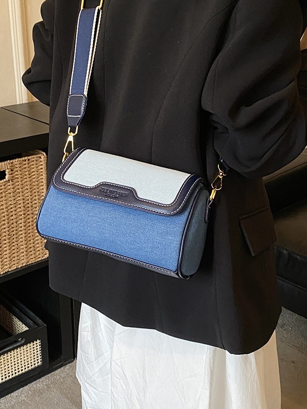 Bolso cilíndrico retro transfronterizo mujer 2026 nueva moda vaquero empalme bolso cuadrado textura banda ancha mochila image 5