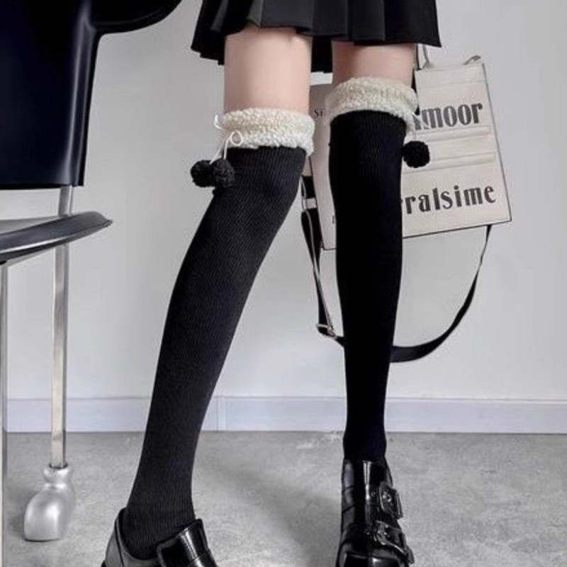 毛球加绒lolita过膝袜子女秋冬季长筒加厚日系jk洛丽塔白色小腿袜|undefined