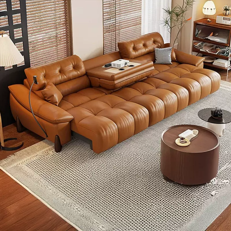 意式电动多功能沙发床两用可伸缩客厅复古头层真皮沙发