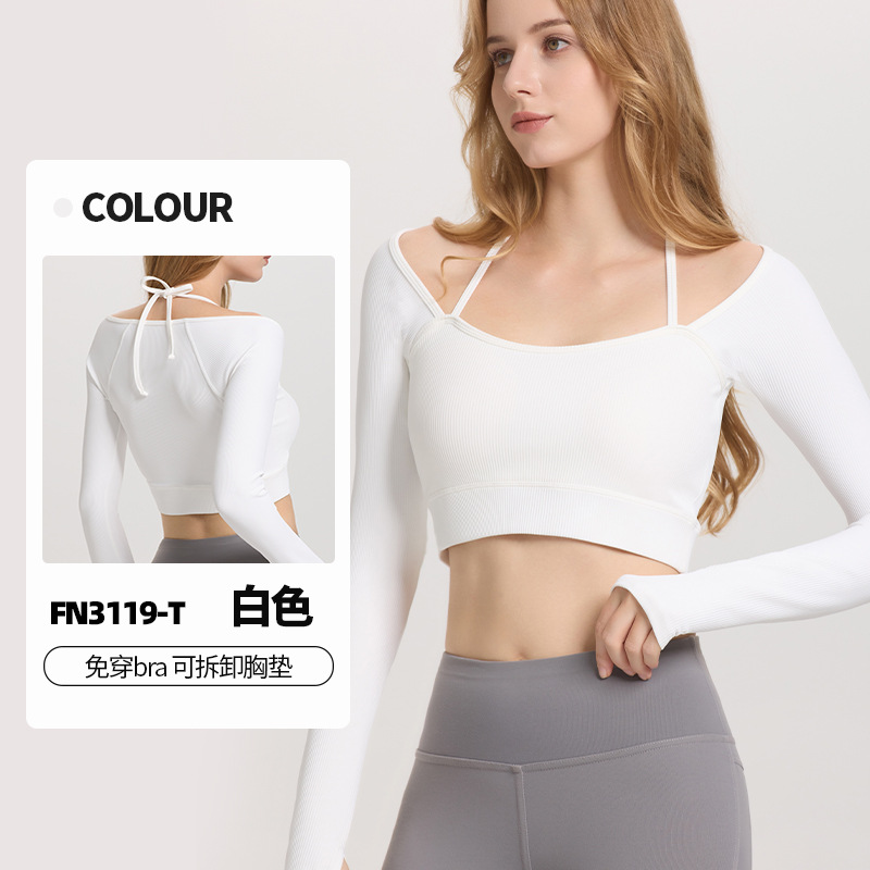 Otoño y invierno nuevo cuello de collar vestido de pecho de manga larga mujer hilo ombligo corto apertado alto elástico chaqueta de fitness