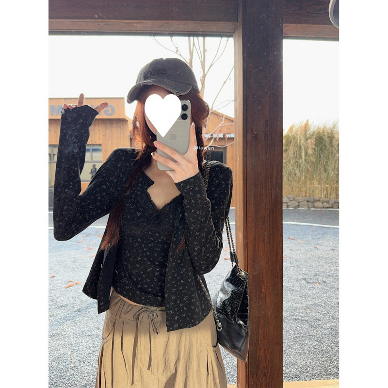 【人棉胶印】复古黑色碎花长袖开衫外套女秋套装蕾丝吊带背心两件|undefined