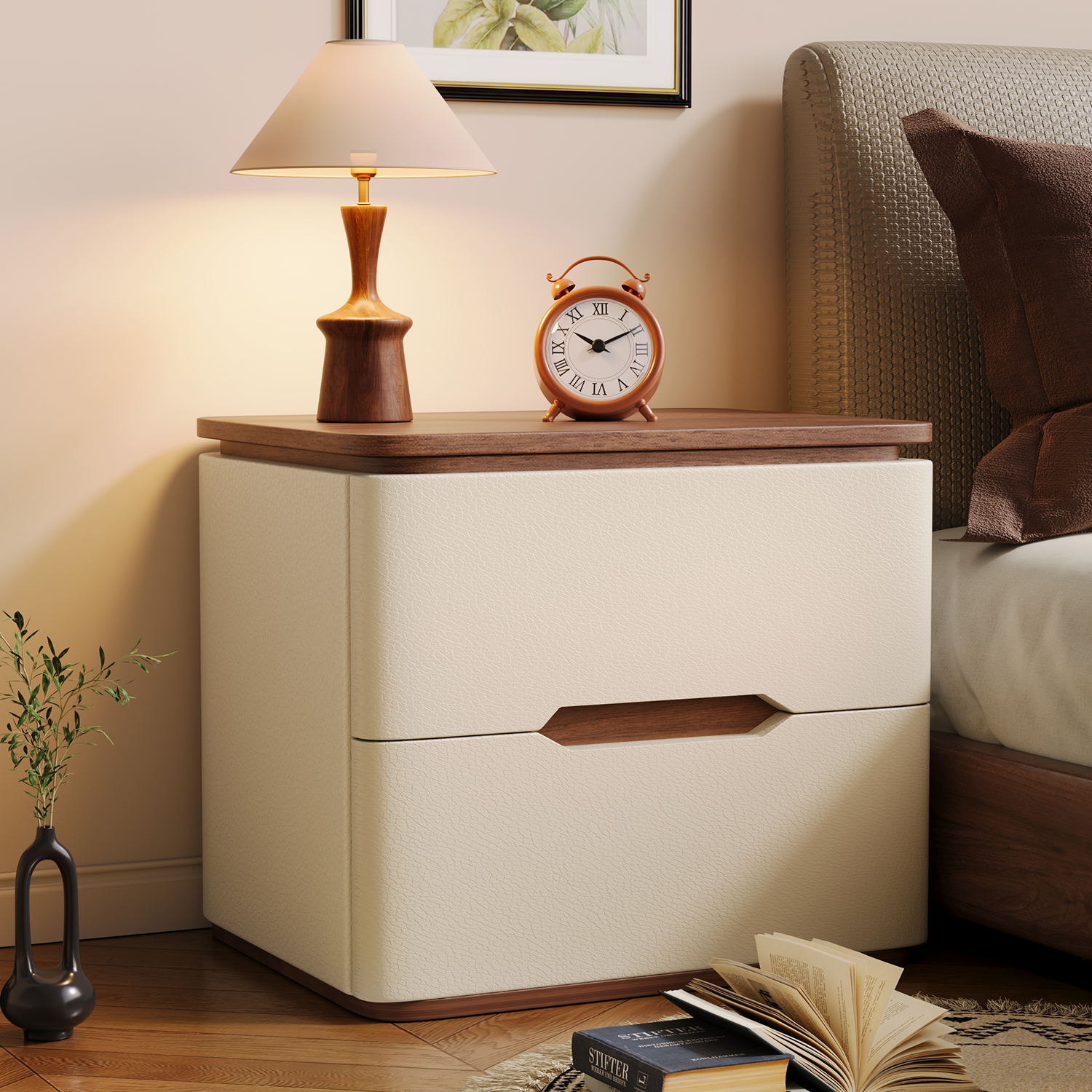 Mesa de cama de madera maciza 2026 nuevo tipo de dormitorio doméstico lujoso sensación de alto nivel pequeño gabinete de almacenamiento de artículos de viento de crema antigua